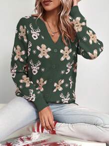 Chiquease Christmas Elk & Snowflake Pattern Button Front Cardigan For New Year Clothes - Dark Green - View 1