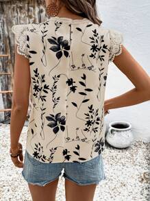 Breezaya Blusa recta de manga corta con cuello redondo, estampado geométrico de hojas y aplicaciones de encaje para mujer, para primavera/verano