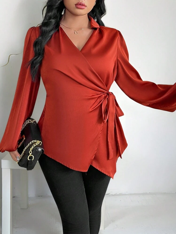 SHEIN Clasi Plus Size Women Solid Color Elegant Criss-Cross Cinched Waist Blouse, Suitable For New Year, Valentine's Day, Thanksgiving, Christmas, Easter, Prom, New Year's Eve, Christmas Party, Christmas, Holiday, Spring - Brown - View 1