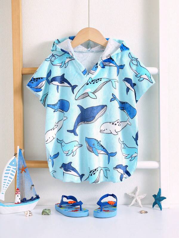 Túnica con capucha para bebé niño con estampado de dibujos animados, linda y casual, apta para vacaciones de verano y la playa
