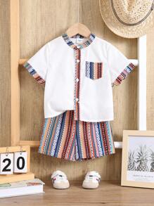 SHEIN 2pcs/Set Baby Boy Casual Short Sleeve Shirt & Shorts Set, Suitable For Birthday Party, Evening, Performance, Wedding, 1-Month-Old, 1-Year-Old Celebration, Baby Shower