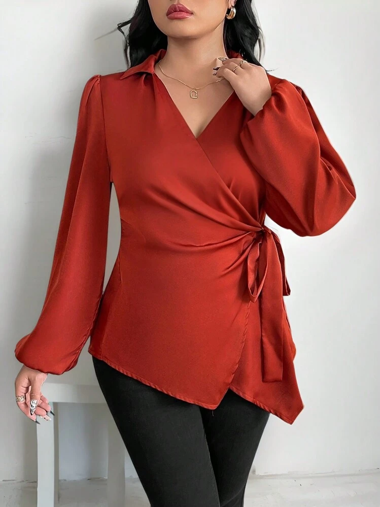 SHEIN Clasi Plus Size Women Solid Color Elegant Criss-Cross Cinched Waist Blouse, Suitable For New Year, Valentine's Day, Thanksgiving, Christmas, Easter, Prom, New Year's Eve, Christmas Party, Christmas, Holiday, Spring - Brown - View 5
