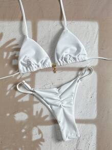 Swim Vcay Bộ đồ bơi bikini dây rút gợi cảm và dây chuyền kim loại màu trơn cho nữ, mùa hè - trắng - Xem 2