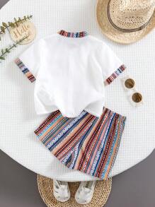 SHEIN 2pcs/Set Baby Boy Casual Short Sleeve Shirt & Shorts Set, Suitable For Birthday Party, Evening, Performance, Wedding, 1-Month-Old, 1-Year-Old Celebration, Baby Shower