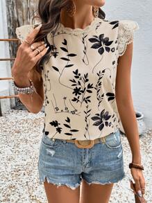 Breezaya Blusa recta de manga corta con cuello redondo, estampado geométrico de hojas y aplicaciones de encaje para mujer, para primavera/verano