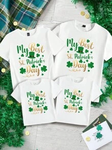 Áo thun họa tiết cỏ ba lá Ireland may mắn ngày lễ Thánh Patrick, áo thun tay ngắn thường ngày cho bé gái, phù hợp cho mùa hè - trắng - Xem 1