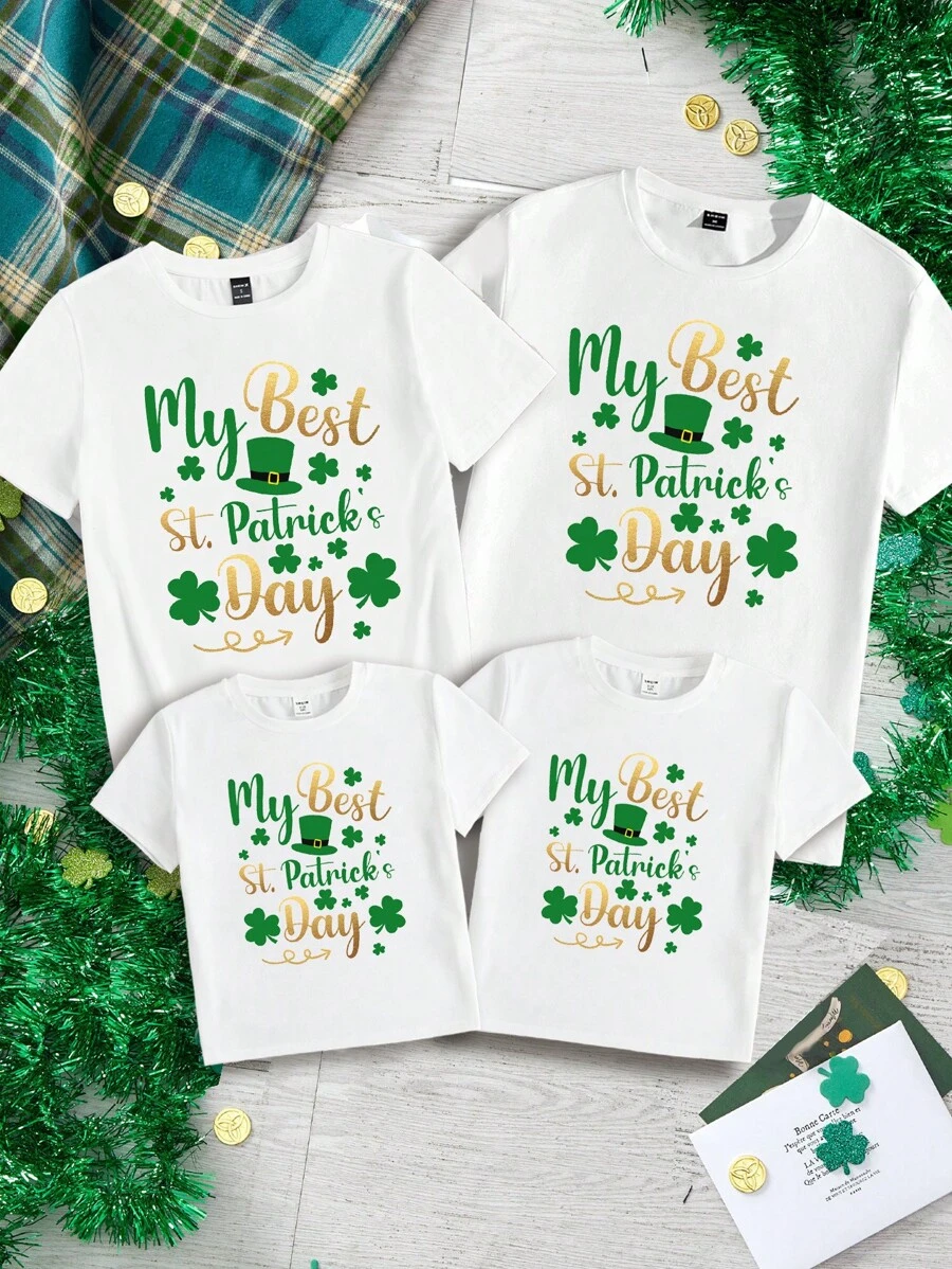 Áo thun họa tiết cỏ ba lá Ireland may mắn ngày lễ Thánh Patrick, áo thun tay ngắn thường ngày cho bé gái, phù hợp cho mùa hè - trắng - Xem 1