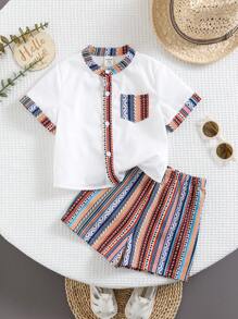 SHEIN 2pcs/Set Baby Boy Casual Short Sleeve Shirt & Shorts Set, Suitable For Birthday Party, Evening, Performance, Wedding, 1-Month-Old, 1-Year-Old Celebration, Baby Shower