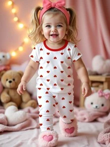 SHEIN Conjunto de 2 piezas de pijama informal para niña con estampado de lunares, corazones y diseños de dibujos animados, de manga corta, apropiado para primavera/verano