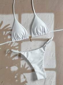 Swim Vcay Bộ đồ bơi bikini dây rút gợi cảm và dây chuyền kim loại màu trơn cho nữ, mùa hè - trắng - Xem 3
