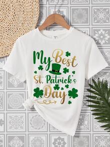 Áo thun họa tiết cỏ ba lá Ireland may mắn ngày lễ Thánh Patrick, áo thun tay ngắn thường ngày cho bé gái, phù hợp cho mùa hè - trắng - Xem 2