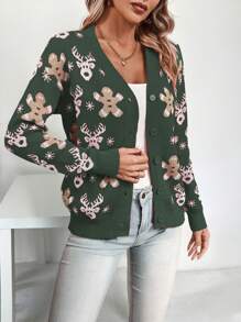 Chiquease Christmas Elk & Snowflake Pattern Button Front Cardigan For New Year Clothes - Dark Green - View 6