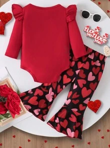 2pcs Baby Girl Fashion Simple "My First Valentine's Day" Letter Print Ruffle Bodysuit & Heart Print Flare Pants Set, Outfit Suitable For Valentine's Day, Spring/Autumn Clothes, For Gifts - Multicolor - View 2