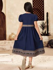 SHEIN Tween Girl Elegant Geometric Print Puff Sleeve Mini Dress