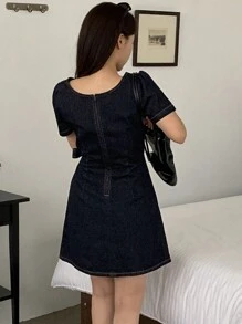 DAZY Vestido corto de mezclilla con cuello cuadrado y mangas cortas, vestido de sol