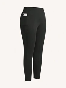 SHEIN Essnce Plus Size Women's Spring And Summer Fashion Casual Comfortable Daily High Elastic Black Slim Fit With Pocket Leggings,Spring Outfits,Women Bottom,Airport Outfit For Women,Curve Pants,Streetwear For Women,Going Out Outfits