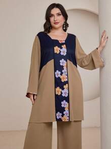 Lacomfia 2pcs/Set Plus Size Contrast Color Floral Print Flare Sleeve Top And Wide Leg Pants Modest - Multicolor - View 5