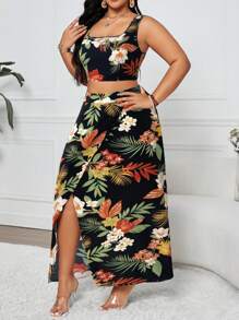 Breezaya Plus Size 2 Pieces Set: Elegant Vintage Style Sleeveless Tank Top & High Waist Slit Maxi Dress With Random Floral Print, Versatile Separates For Summer, Graduations, Holidays, Parties, Gatherings