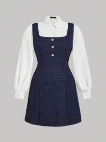 SHEIN MOD Plus Size Women Collared Long Sleeve Patchwork Short Dress - Navy Blue - View 1