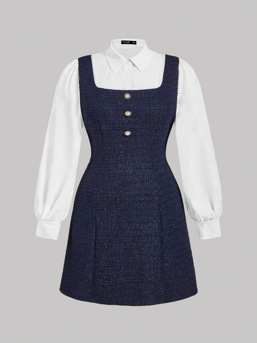 SHEIN MOD Plus Size Women Collared Long Sleeve Patchwork Short Dress - Navy Blue - View 1