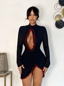 SHEIN SXY Women Mini Long Sleeve Hollow Design Casual Dress, Fashionable & Suitable For Daily Wear,Valentine's Day,Robe Sexy,Sexy Dress For Women,Date Night Outfit,Date Night Outfits Women,Black Dresses For Women