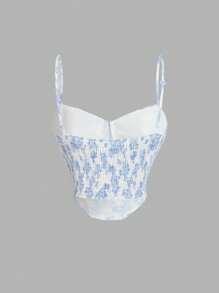 SHEIN MOD Women Blue & White Printed Ruffle Tie-Front Camisole Top, Summer Casual,Crop Tops,Valentine's Day - Blue and White - View 2