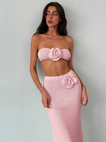 Aloruh Apricot Beach Resort Romantische Date Tube Top Met 3D Bloemen Stropdas + Lage Taille Maxi Lengte 3D Bloemen Rok 2-delige Set Voor Vrouwen