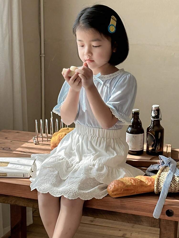 2pcs/Set Girls Young Girl Round Neck Knit Short Sleeve Top And Skirt, Fall Outfit (Size: Small)