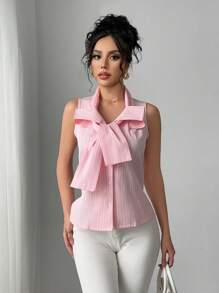 Chiquease Romantic Pink Striped Sleeveless Blouse With Bow - Pink - View 3