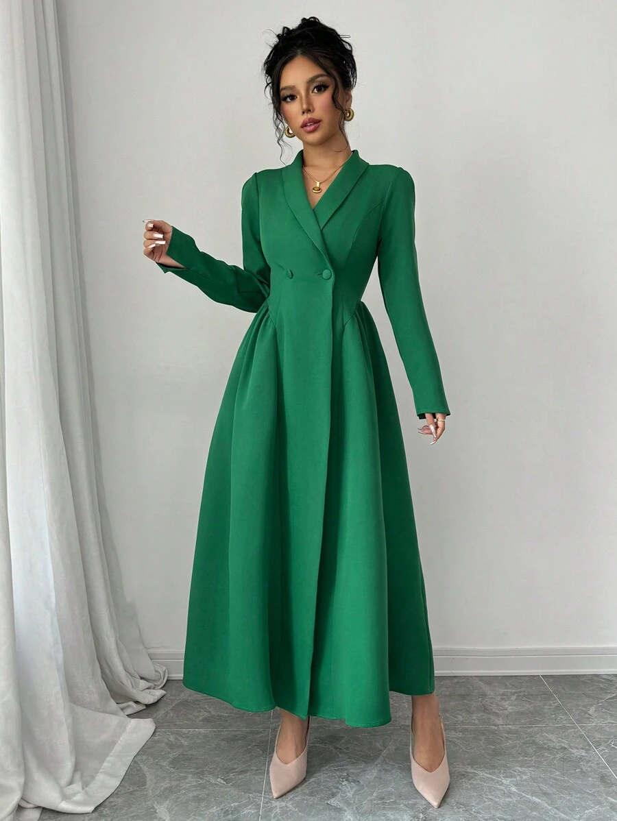 Selianne 1 chiếc váy dài màu trơn cổ đứng thanh lịch dành cho nữ đi làm cao cấp sang trọng tay dài cổ đứng dành cho nữ - màu xanh lá - Xem 1