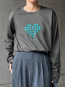 FRIFUL 女士宽松爱心图案灰色T恤，春季基础休闲T恤，长袖印花T恤 - 灰色 - 查看 5