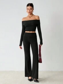 SHEIN Tall 2 pièces Ensemble mode femme avec top court à manches longues et épaules dénudées et pantalon évasé