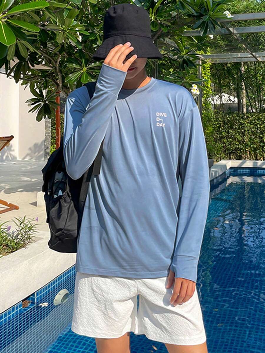 DAZY Men's Letter Print Long Sleeve T-Shirt, Blue, Spring/Summer - Blue - View 1