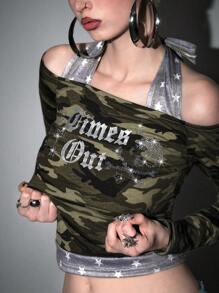 ROMWE Avant Y2K Harajuku Edgy Halter Off Shoulder Skeleton Rhinestone Gothic Graphic T-Shirt For Women