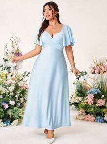 Cravure Elegant Knit Fabric Dress For Wedding & Party, Loose Fit With Sash, Shallow Blue, Summer, Plus Size - Blue - View 4