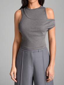 LYSMO Women's Solid Ribbed Knit Top With 2 In 1 Design, Fitted Style