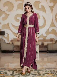 Layrah Women's Long Sleeve Arabic Traditional Decorated Dress Kaftan Jalabiya Dress - Rose Red - View 6