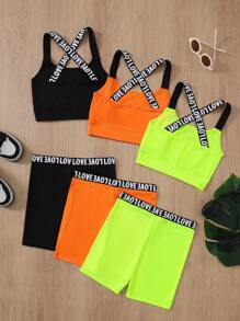 SHEIN 3pcs Tween Girls' Collegiate Casual Sports Letter Print Camisole And Shorts Set - Orange - View 2