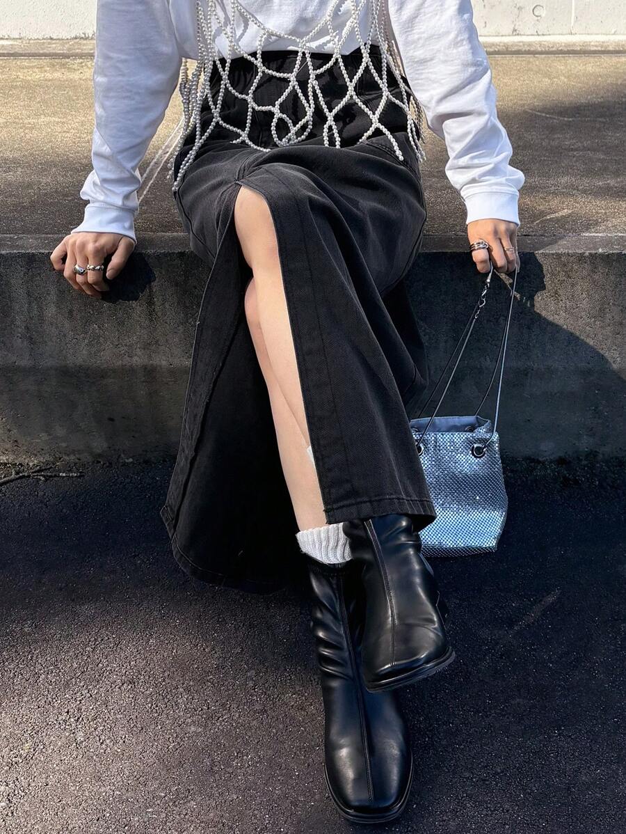 FRIFUL 女士灰色高腰直筒不对称牛仔裙，性感牛仔半身裙，秋冬季 - 深灰色 - 查看 1