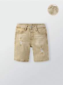 Young Boy Elastic Fitted Ripped All-Match Versatile Blue Denim Bermuda Shorts
