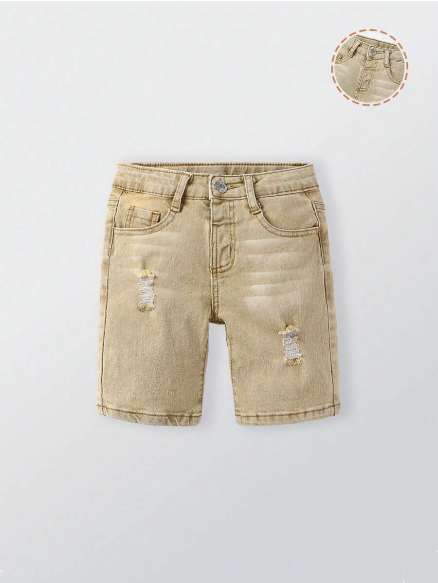 Young Boy Elastic Fitted Ripped All-Match Versatile Blue Denim Bermuda Shorts