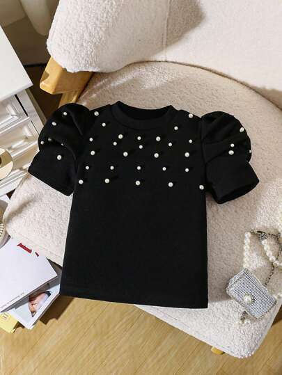 Elladie kids Young Girl Pearl Decor Round Neck Short Puff Sleeve T-Shirt