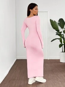 SHEIN EZwear Women's Fall/Winter Basic Knit Grey Fitted Square Neck Long Sleeve Dress - Pink - View 2