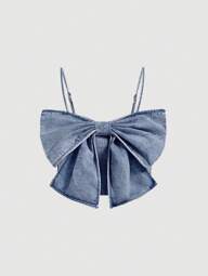 SHEIN MOD 여성용 빈티지 데님 탑, 핑크, 사랑스러운 리본, 캐미솔