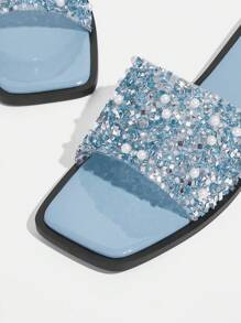 CUCCOO TILAWA New Women Outdoor Flat Sandals, Square Toe Rhinestone Silver Slippers, Casual Comfortable Party And Work Summer Shoes, Thick Sole Anti-Skid Slides Spring Shoes Spring Break Easter - Blue - View 6