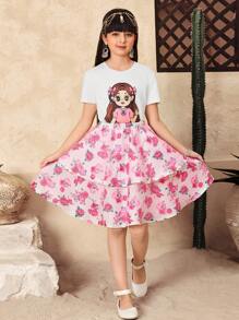 SHEIN Top a maniche corte lavorato a maglia con collo rotondo, elegante e maestoso, adatto a tutti i giorni, e gonna in tulle con motivo floreale delicato, per ragazze durante il Ramadan