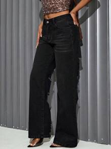 SHEIN SXY Jeans de cintura media, pierna recta, estilo casual y sexy con efecto desgastado para mujeres - Negro - Ver 4