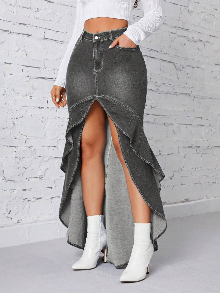 SHEIN Privé Women's Denim Ruffle Hem Patchwork Skirt - Dark Grey - View 1