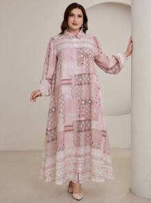 Graceveil Plus Size Elegant Geometric Print Lantern Sleeve Dress Modest - Multicolor - View 5