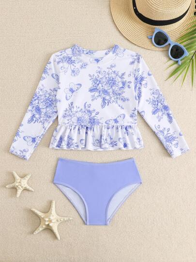 SHEIN Young Girl Summer Beach Butterfly & Floral Print Ruffle Hem Tankini Set